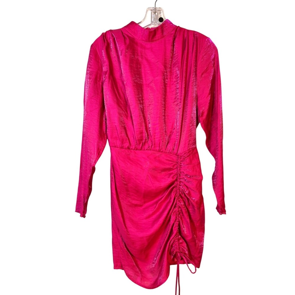 Finders Keepers Yasmine Mini Dress Drawstring Long Sleeve Ruched Hot Pink Fuschi